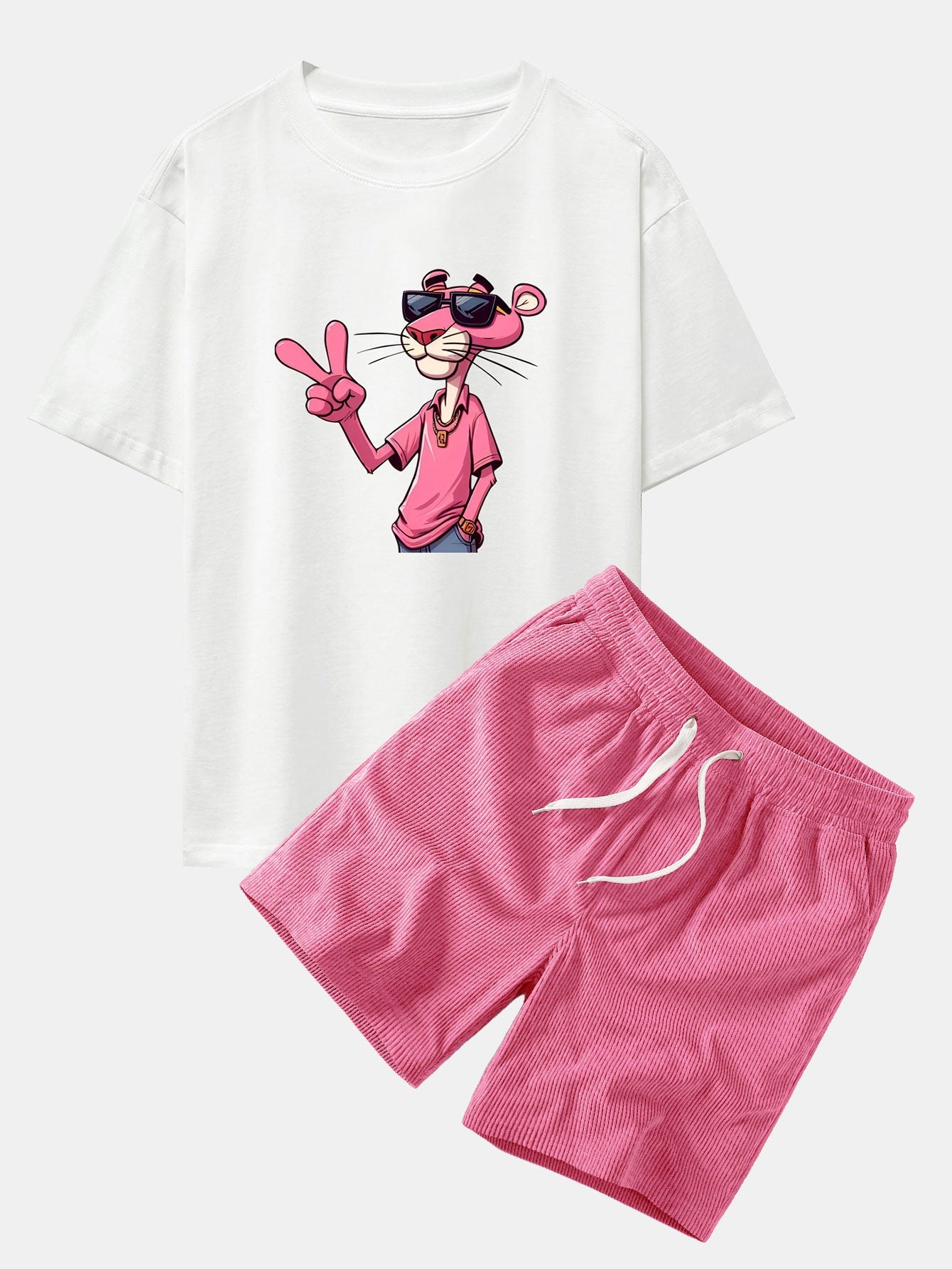 Relaxed Fit Pink Panther mit V-Zeichen Druck Baumwoll-T-Shirt & Corduroy 7" Shorts