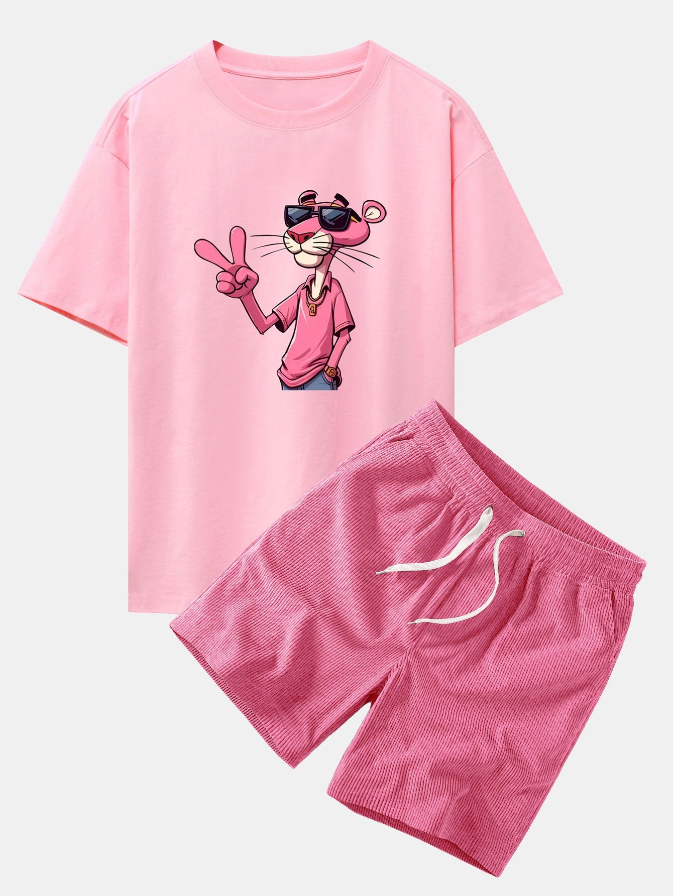 Relaxed Fit Pink Panther mit V-Zeichen Druck Baumwoll-T-Shirt & Corduroy 7" Shorts