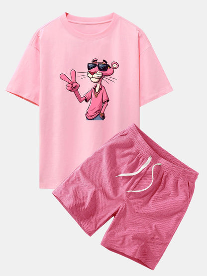 Relaxed Fit Pink Panther mit V-Zeichen Druck Baumwoll-T-Shirt & Corduroy 7" Shorts