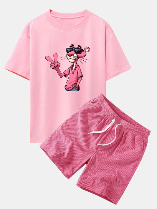 Relaxed Fit Pink Panther mit V-Zeichen Druck Baumwoll-T-Shirt & Corduroy 7" Shorts