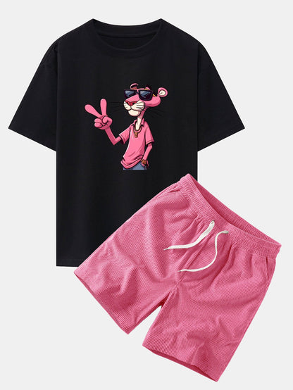 Relaxed Fit Pink Panther mit V-Zeichen Druck Baumwoll-T-Shirt & Corduroy 7" Shorts