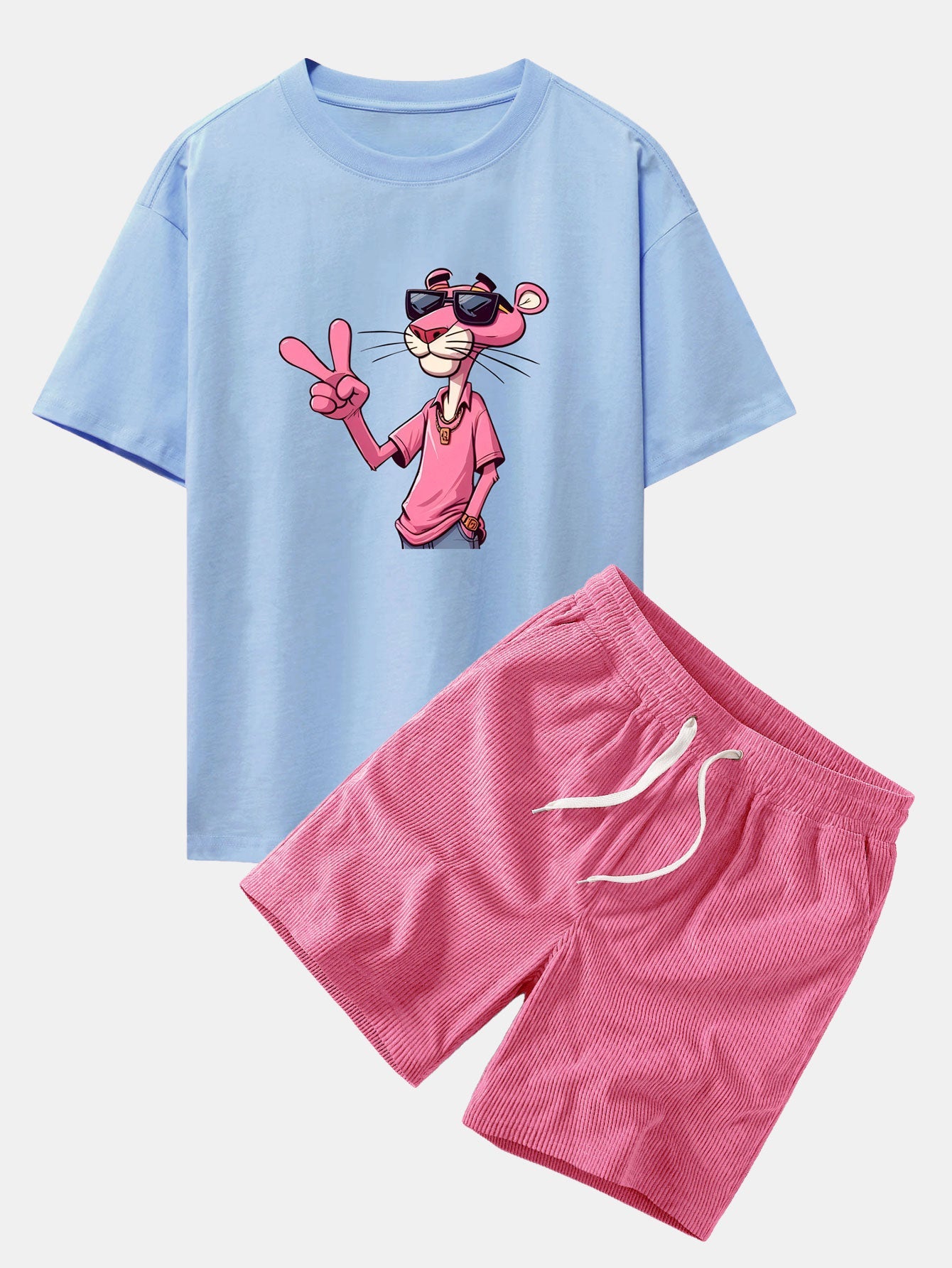Relaxed Fit Pink Panther mit V-Zeichen Druck Baumwoll-T-Shirt & Corduroy 7" Shorts