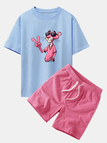 Relaxed Fit Pink Panther mit V-Zeichen Druck Baumwoll-T-Shirt & Corduroy 7" Shorts