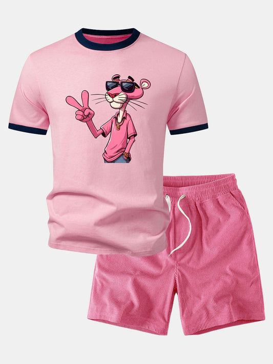 Pink Panther mit V-Zeichen Druck Kontrast Ringer T-Shirt & Corduroy 7" Shorts