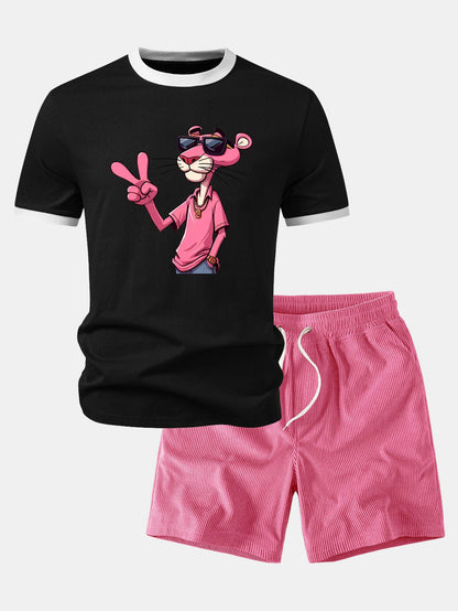 Pink Panther mit V-Zeichen Druck Kontrast Ringer T-Shirt & Corduroy 7" Shorts