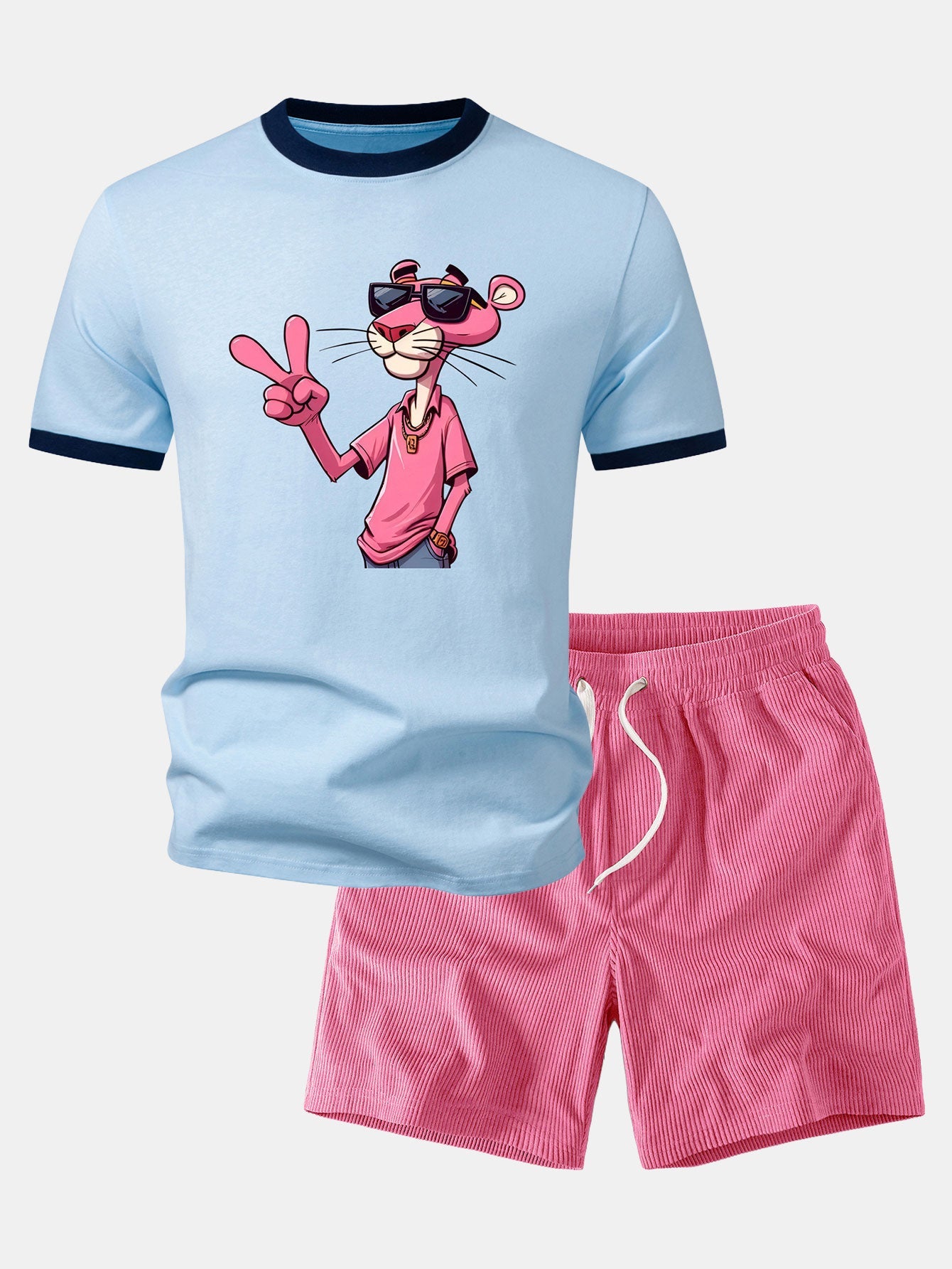 Pink Panther mit V-Zeichen Druck Kontrast Ringer T-Shirt & Corduroy 7" Shorts