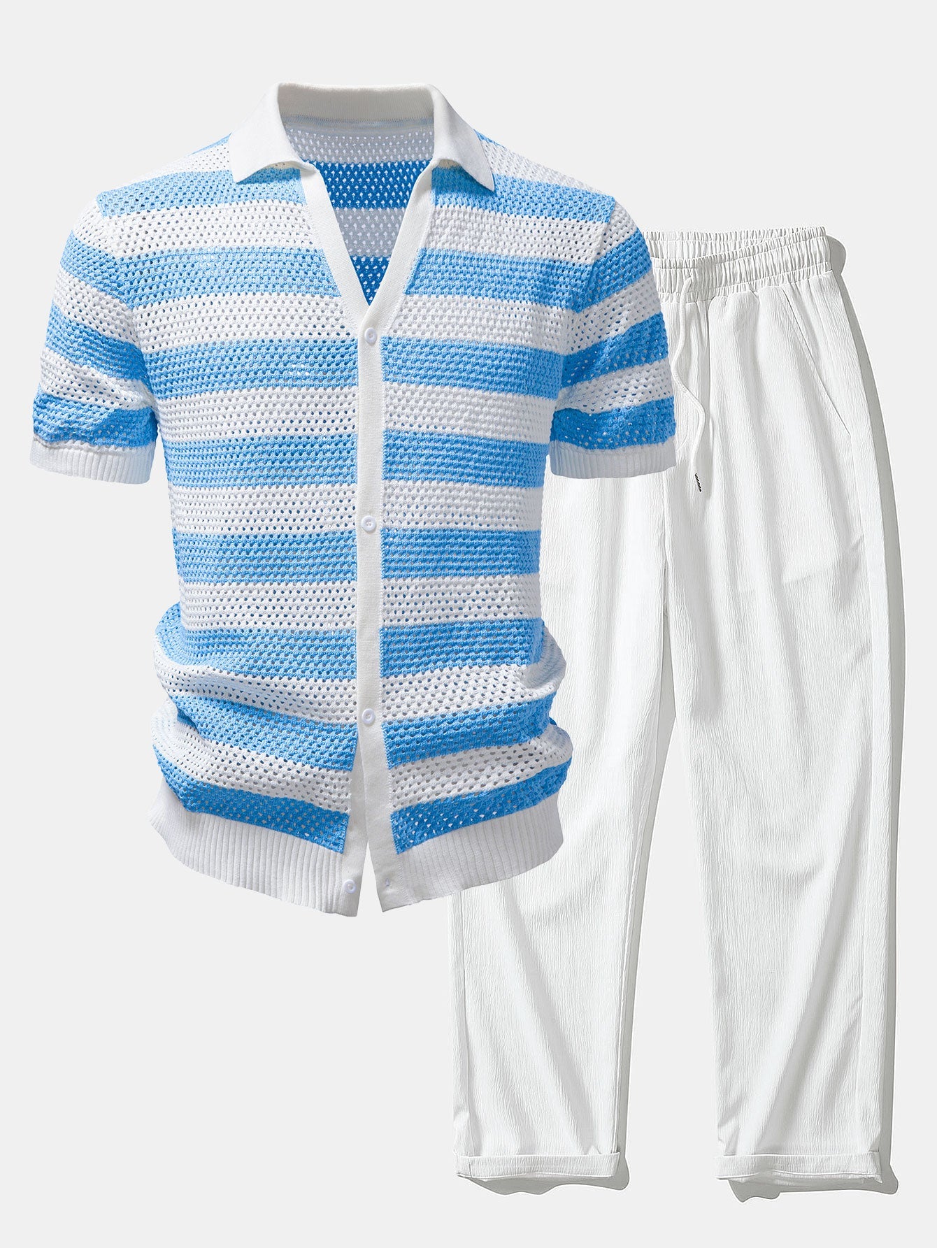 Streifen V-Ausschnitt Offenes Strickshirt & Crinkle Texturierte Gerade Hosen