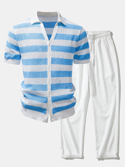 Streifen V-Ausschnitt Offenes Strickshirt & Crinkle Texturierte Gerade Hosen