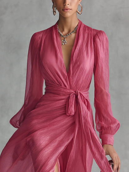 Beatrice | Elegantes Chiffon V-Ausschnitt Kleid mit Bindegürtel