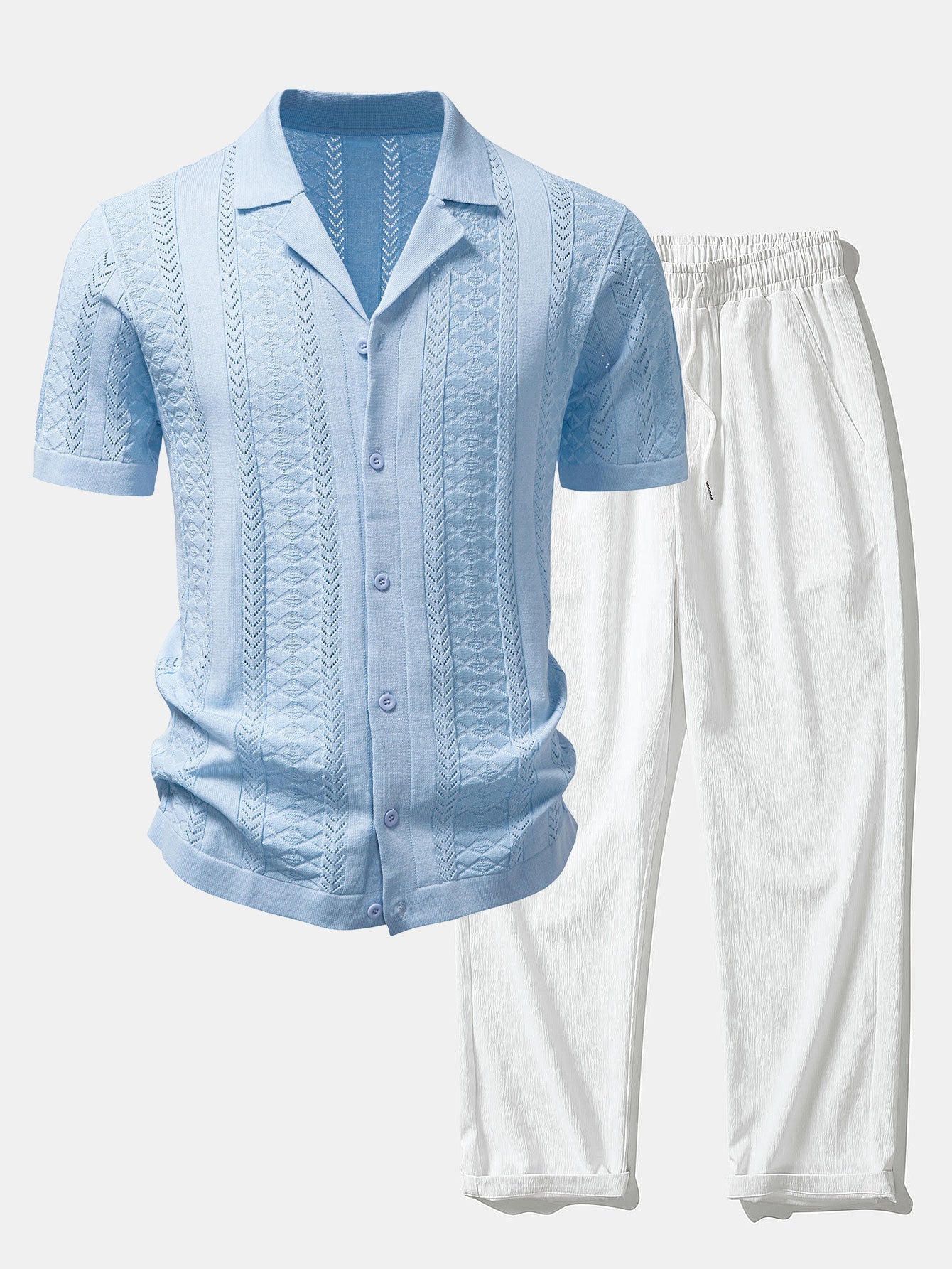 Texturiertes Jacquard-Offene Strickshirt & Crinkle-texturierte Gerade Hosen