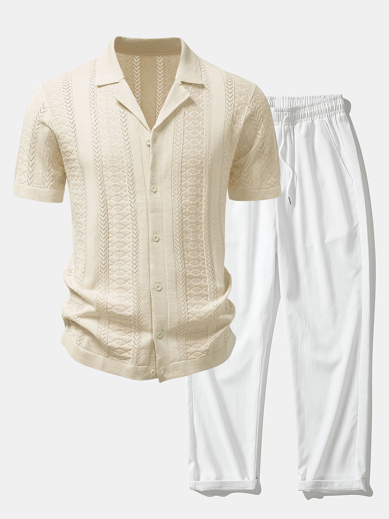 Texturiertes Jacquard-Offene Strickshirt & Crinkle-texturierte Gerade Hosen