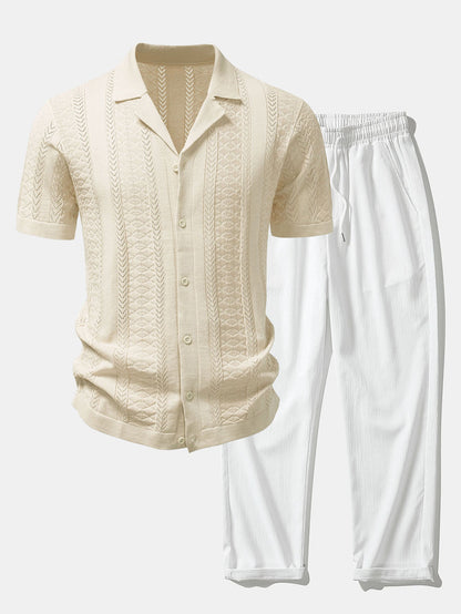 Texturiertes Jacquard-Offene Strickshirt & Crinkle-texturierte Gerade Hosen