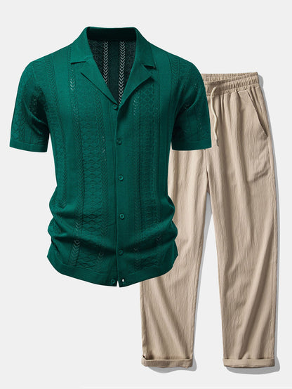 Texturiertes Jacquard-Offene Strickshirt & Crinkle-texturierte Gerade Hosen