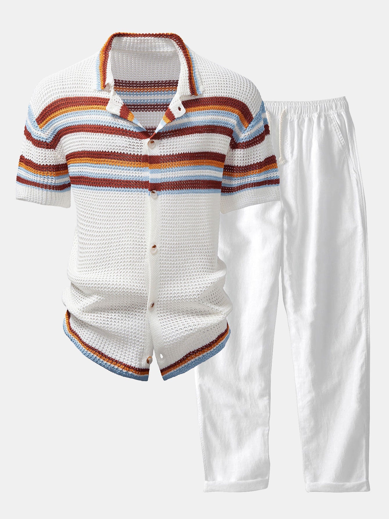 Gestreiftes Button-Up Strickhemd & Gerade Bein Leinenhose