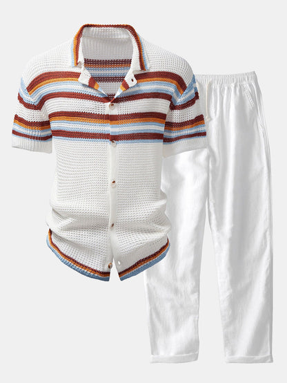 Gestreiftes Button-Up Strickhemd & Gerade Bein Leinenhose