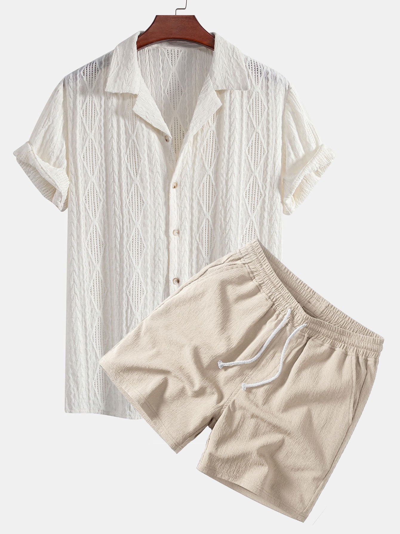 Geometrisches Jacquard-Ösen-Cuban-Shirt & Crinkle-texturierte 5"-Shorts mit Kordelzug