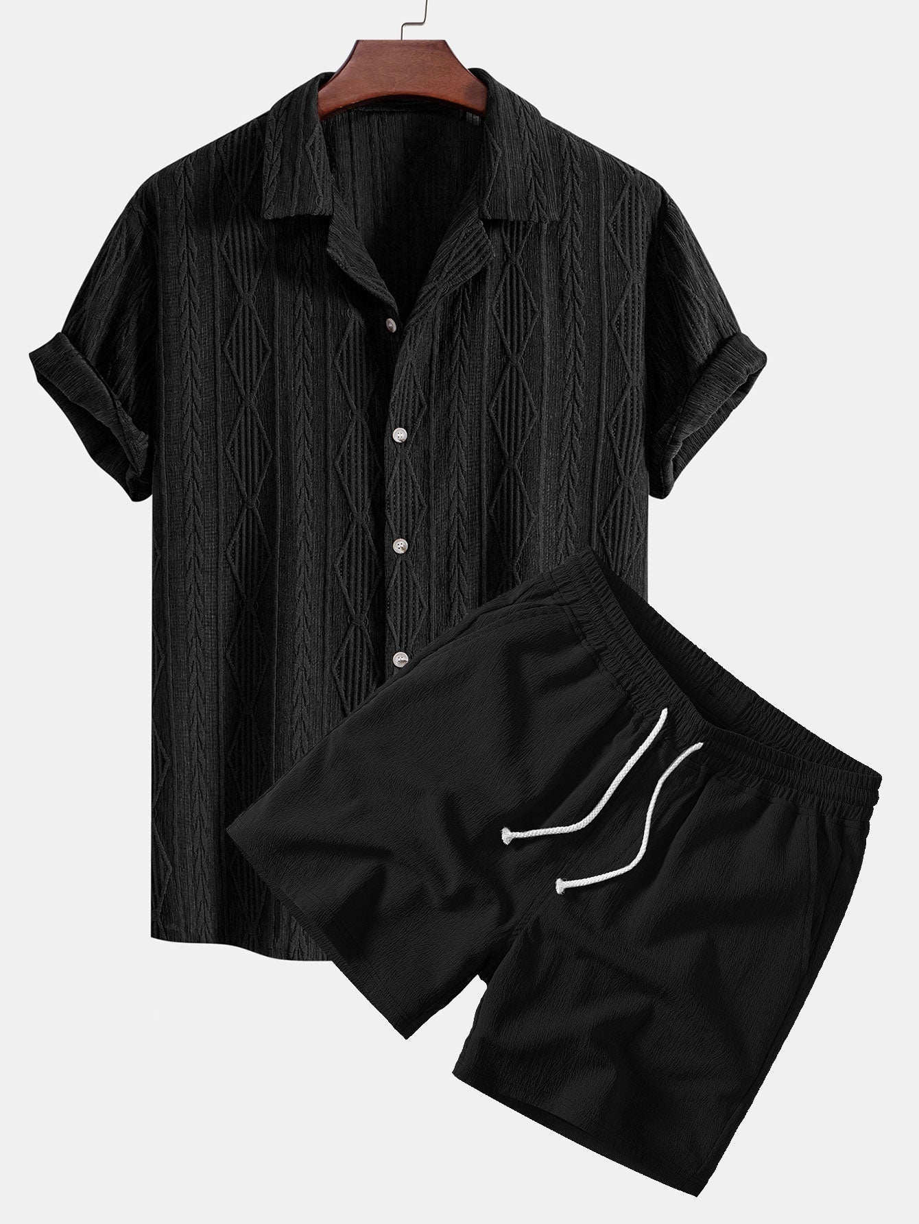 Geometrisches Jacquard-Ösen-Cuban-Shirt & Crinkle-texturierte 5"-Shorts mit Kordelzug