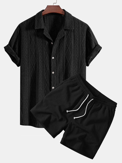 Geometrisches Jacquard-Ösen-Cuban-Shirt & Crinkle-texturierte 5"-Shorts mit Kordelzug