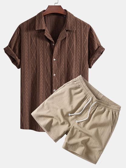 Geometrisches Jacquard-Ösen-Cuban-Shirt & Crinkle-texturierte 5"-Shorts mit Kordelzug