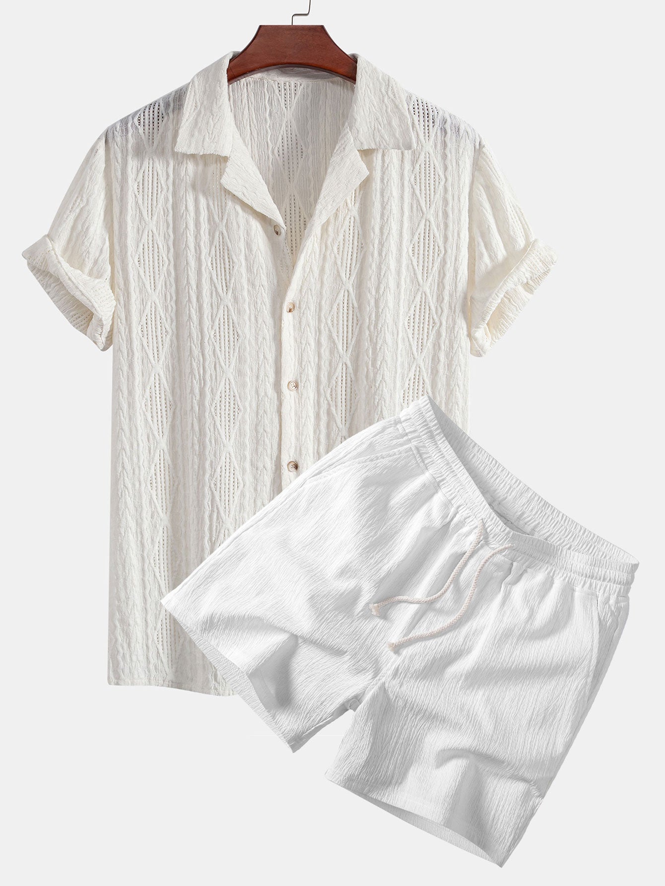 Geometrisches Jacquard-Ösen-Cuban-Shirt & Crinkle-texturierte 5"-Shorts mit Kordelzug