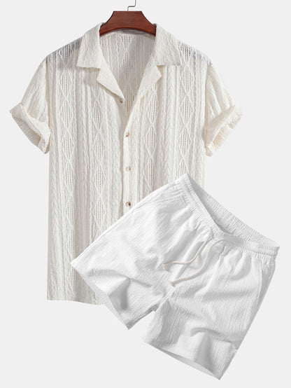 Geometrisches Jacquard-Ösen-Cuban-Shirt & Crinkle-texturierte 5"-Shorts mit Kordelzug