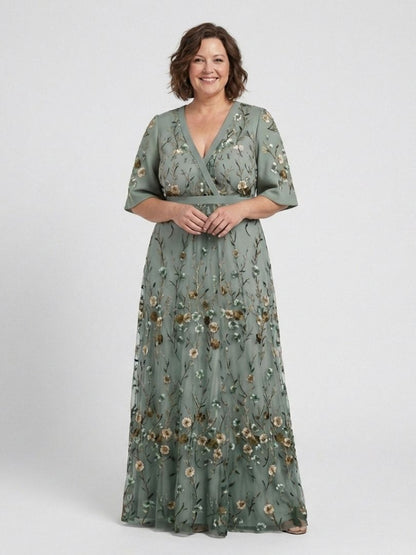 Evadne | Florales V-Ausschnitt Maxikleid mit kurzen Ärmeln