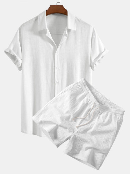 Leinen-Rayon-Mischung Knopf-Down-Shirt & Crinkle-texturierte 5"-Shorts