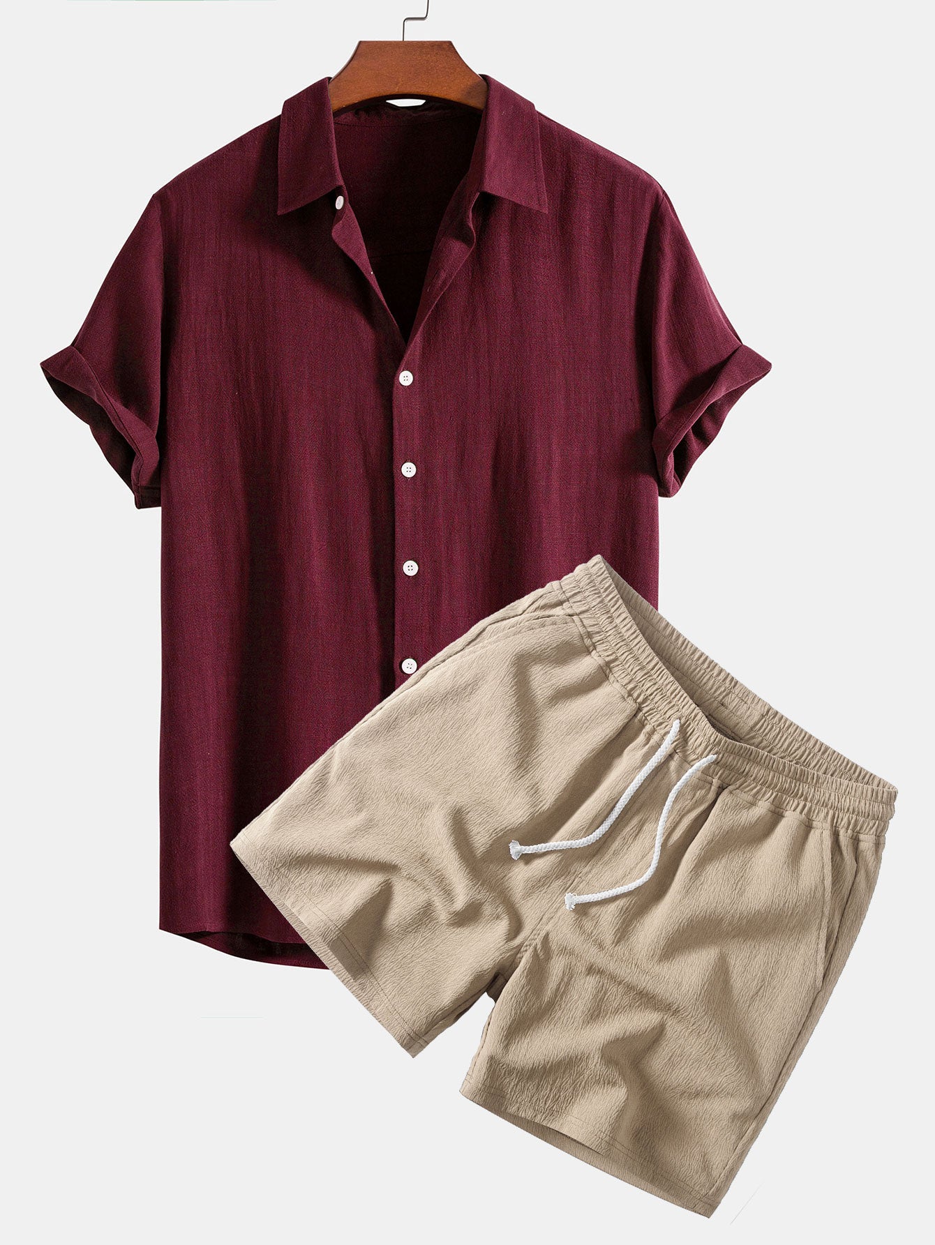 Leinen-Rayon-Mischung Knopf-Down-Shirt & Crinkle-texturierte 5"-Shorts