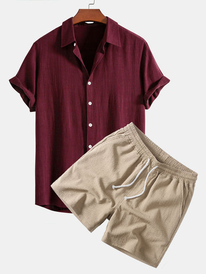Leinen-Rayon-Mischung Knopf-Down-Shirt & Crinkle-texturierte 5"-Shorts