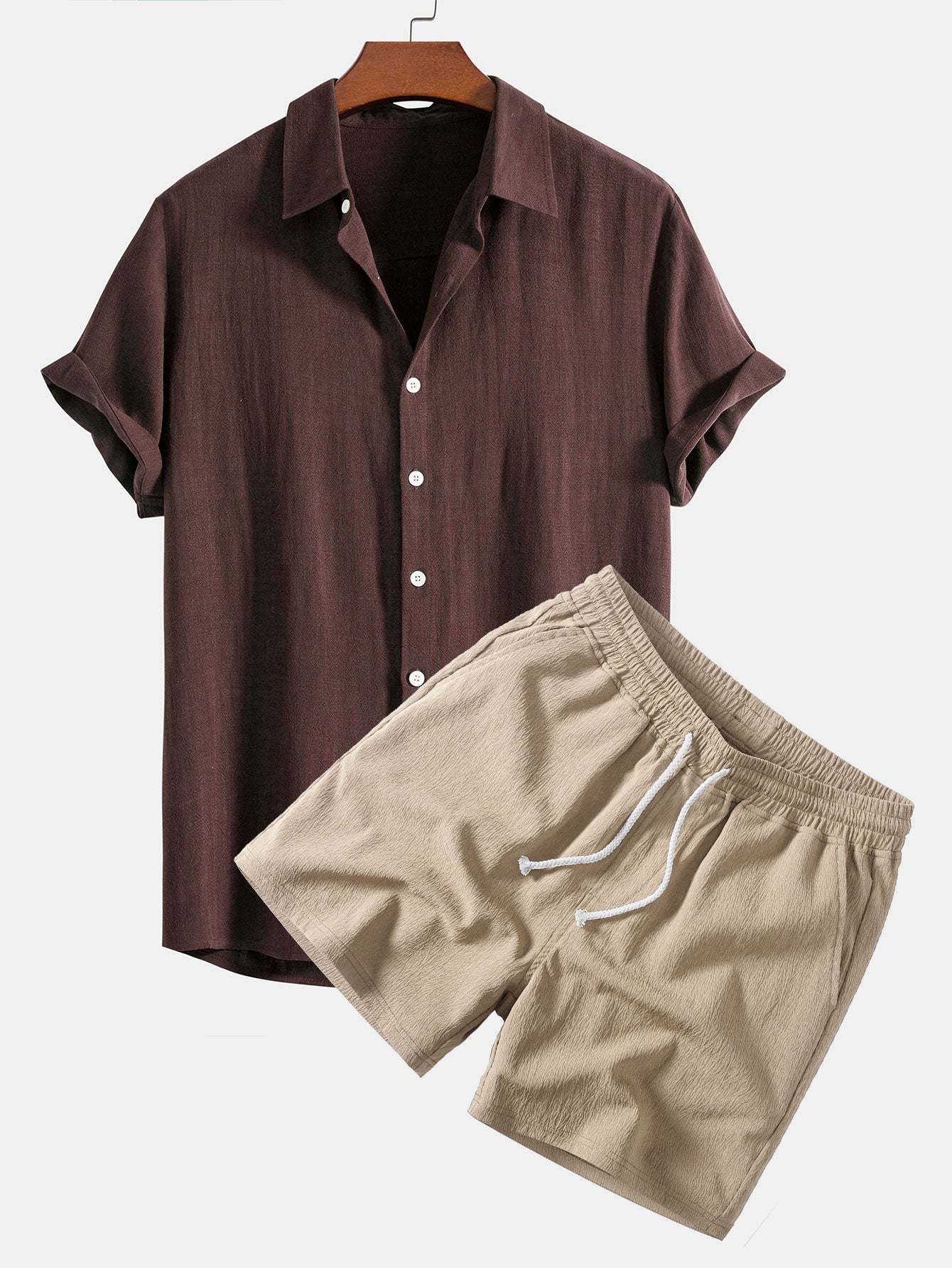 Leinen-Rayon-Mischung Knopf-Down-Shirt & Crinkle-texturierte 5"-Shorts