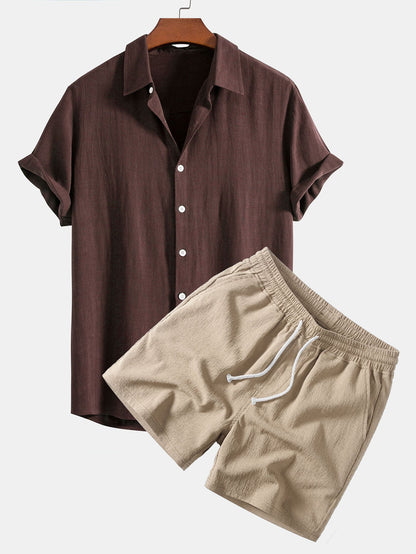 Leinen-Rayon-Mischung Knopf-Down-Shirt & Crinkle-texturierte 5"-Shorts