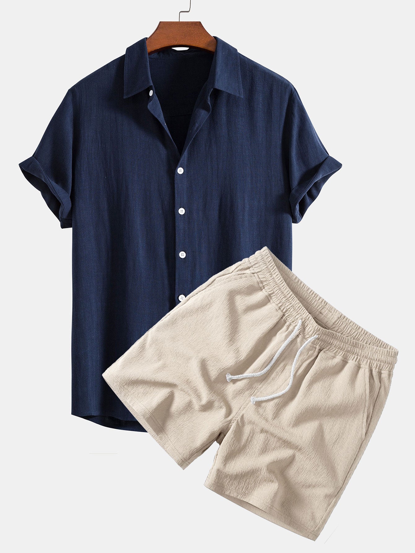 Leinen-Rayon-Mischung Knopf-Down-Shirt & Crinkle-texturierte 5"-Shorts