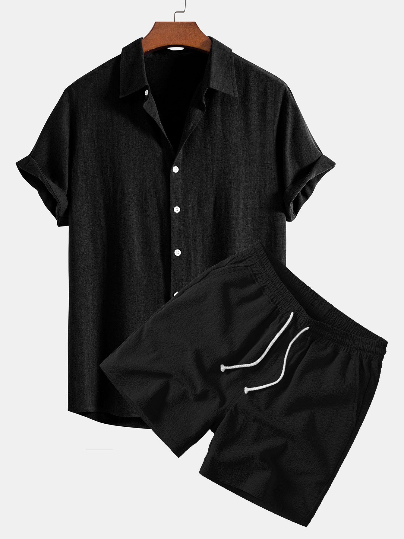 Leinen-Rayon-Mischung Knopf-Down-Shirt & Crinkle-texturierte 5"-Shorts