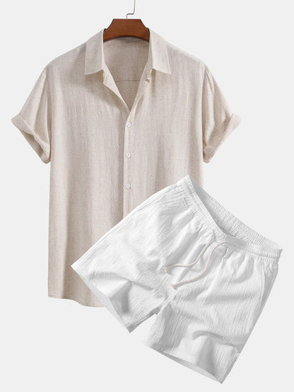 Leinen-Rayon-Mischung Knopf-Down-Shirt & Crinkle-texturierte 5"-Shorts