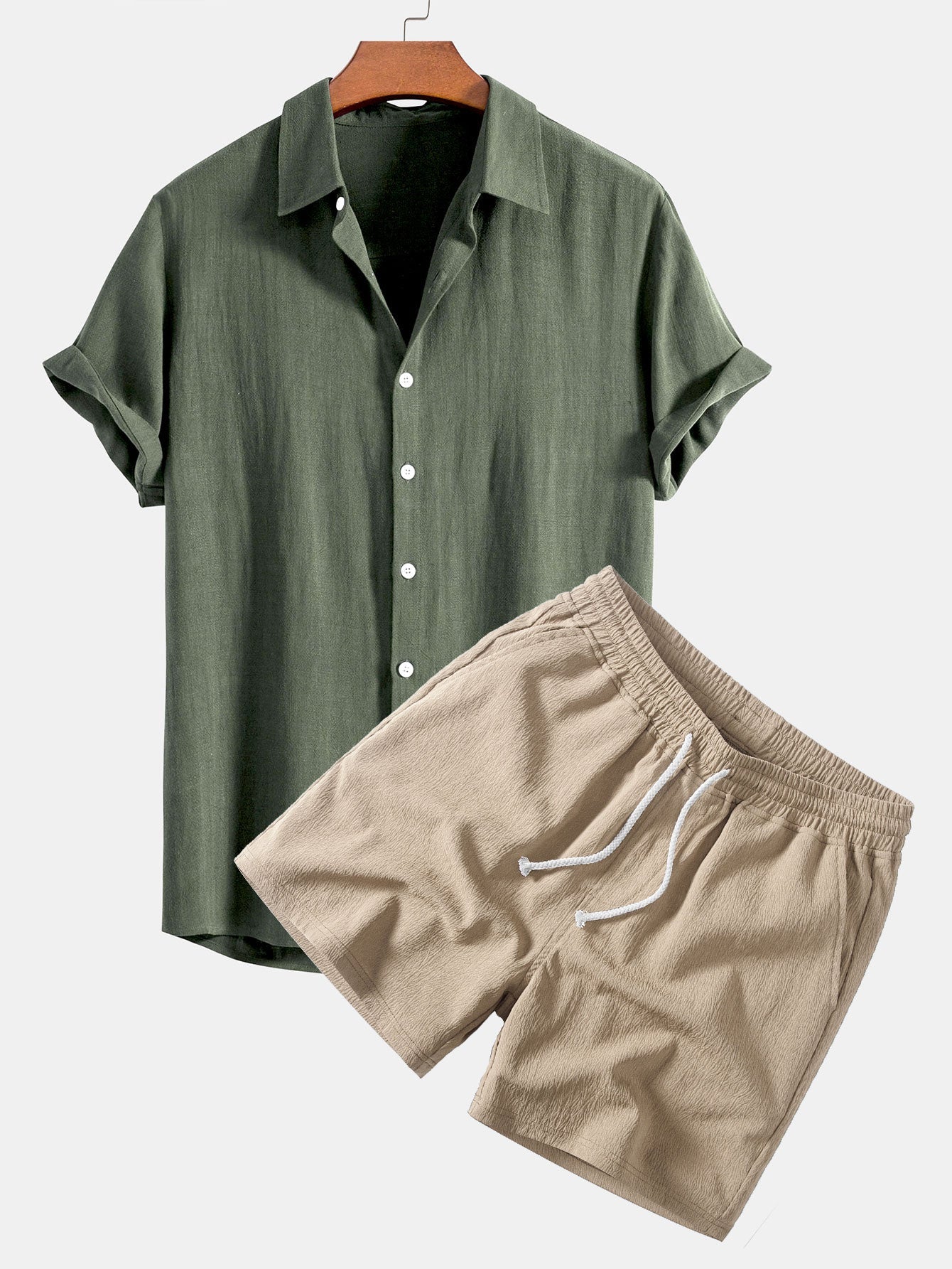 Leinen-Rayon-Mischung Knopf-Down-Shirt & Crinkle-texturierte 5"-Shorts
