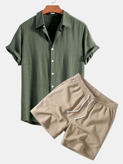 Leinen-Rayon-Mischung Knopf-Down-Shirt & Crinkle-texturierte 5"-Shorts