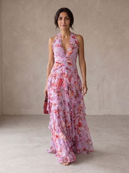 Belladina | Romantische Rosen-Cascata Lange Kleid mit Amerikanischem Ausschnitt