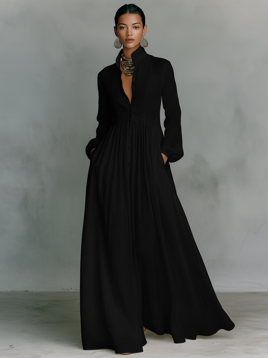 Aurelia™ – Fließendes Maxi-Hemdkleid in Leinen-Textur