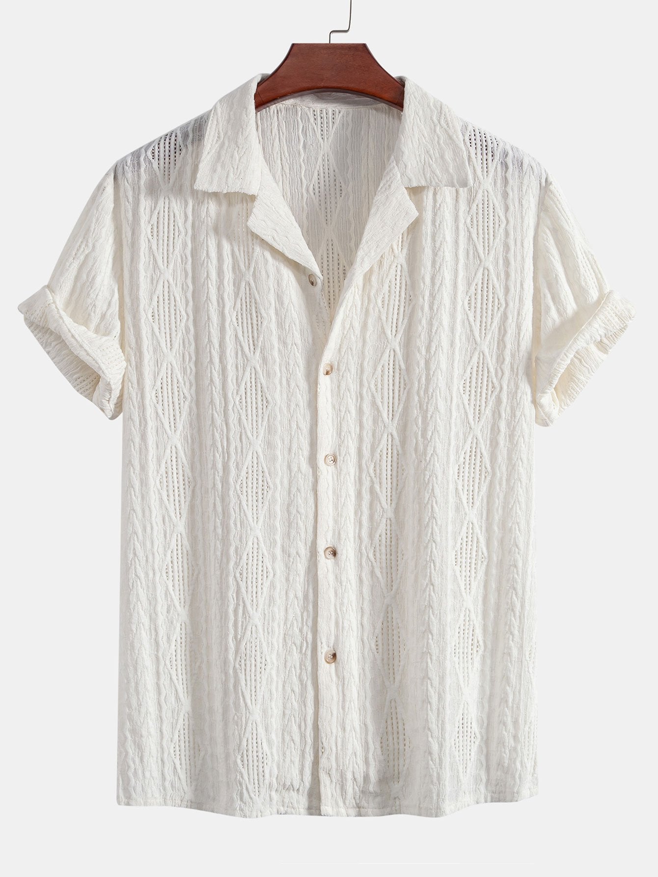 Geometrisches Jacquard-Ösen-Cuban-Shirt & Crinkle-texturierte 5"-Shorts mit Kordelzug