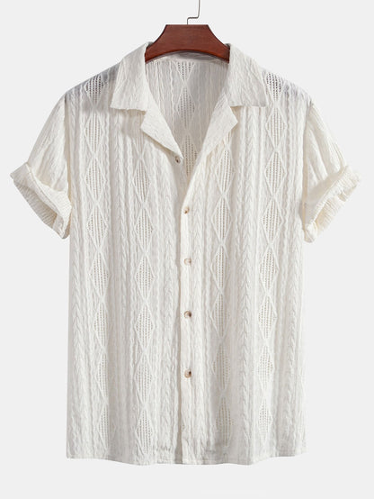 Geometrisches Jacquard-Ösen-Cuban-Shirt & Crinkle-texturierte 5"-Shorts mit Kordelzug