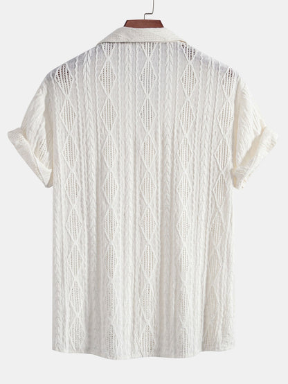 Geometrisches Jacquard-Ösen-Cuban-Shirt & Crinkle-texturierte 5"-Shorts mit Kordelzug