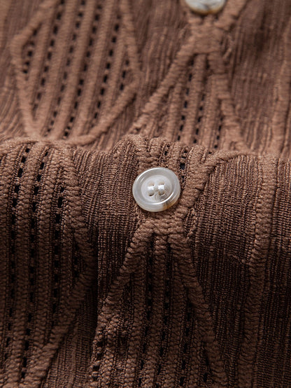 Geometrisches Jacquard-Ösen-Cuban-Shirt & Crinkle-texturierte 5"-Shorts mit Kordelzug