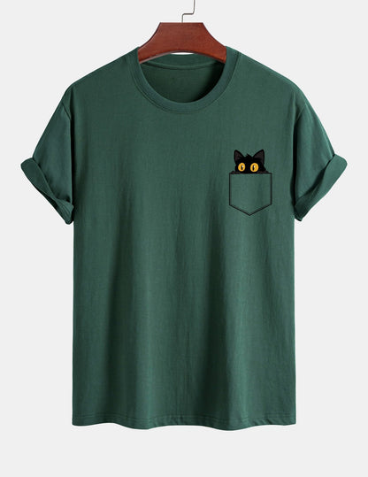 Regulär geschnittenes T-Shirt mit schwarzer Katzenmotivtasche
