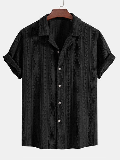 Geometrisches Jacquard-Ösen-Cuban-Shirt & Crinkle-texturierte 5"-Shorts mit Kordelzug