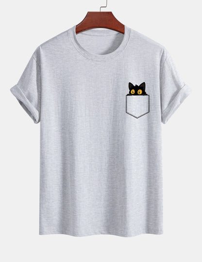 Regulär geschnittenes T-Shirt mit schwarzer Katzenmotivtasche