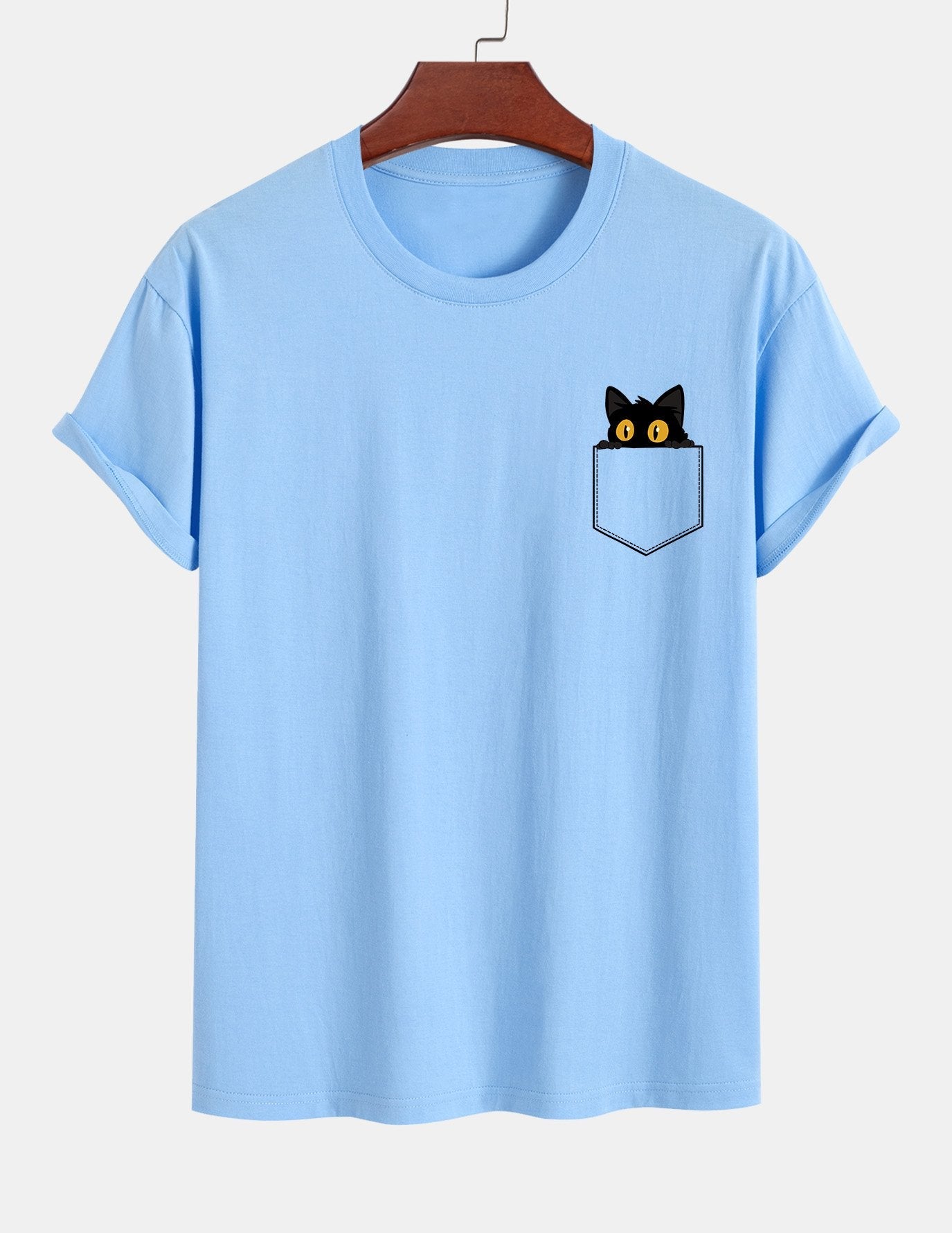 Regulär geschnittenes T-Shirt mit schwarzer Katzenmotivtasche