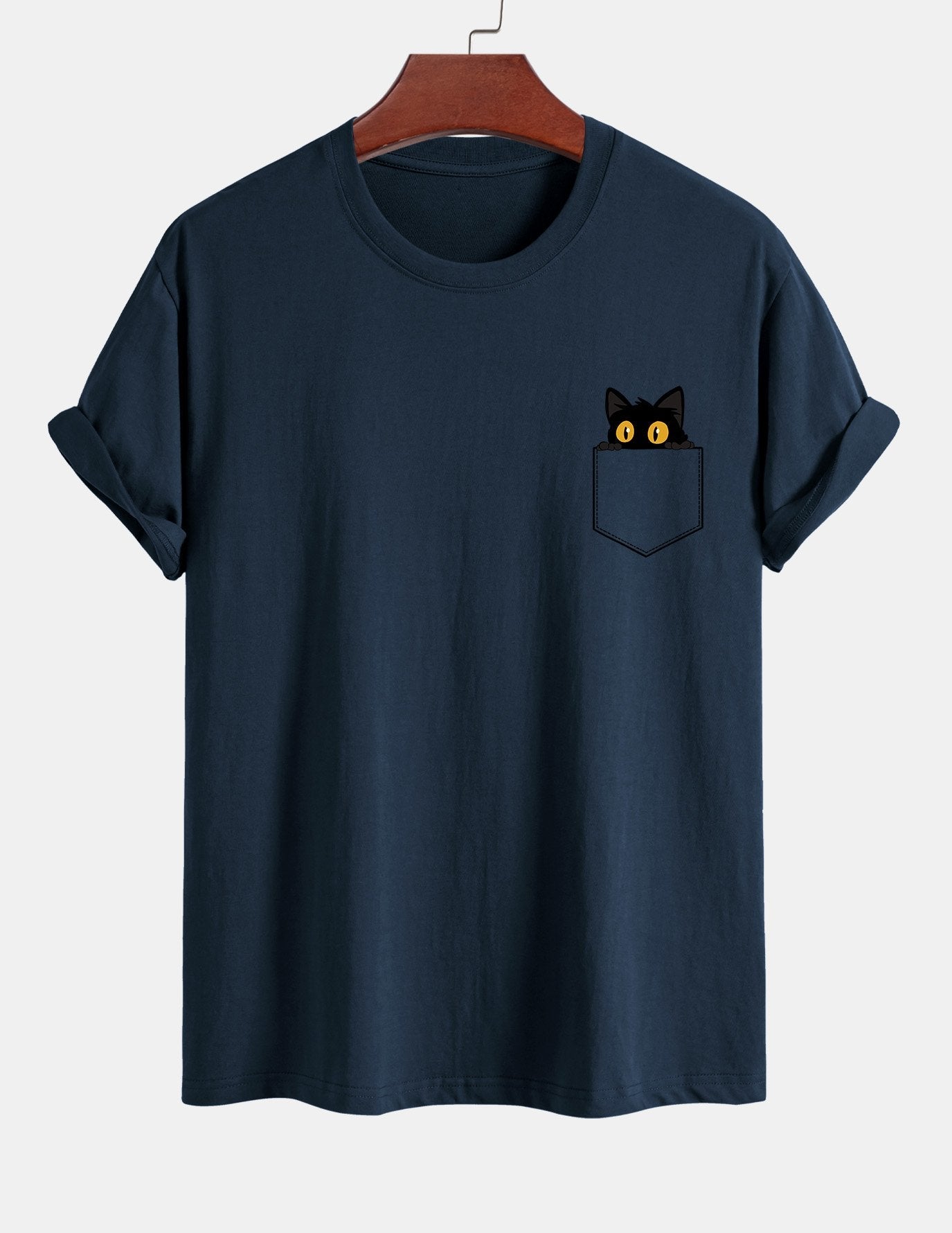 Regulär geschnittenes T-Shirt mit schwarzer Katzenmotivtasche