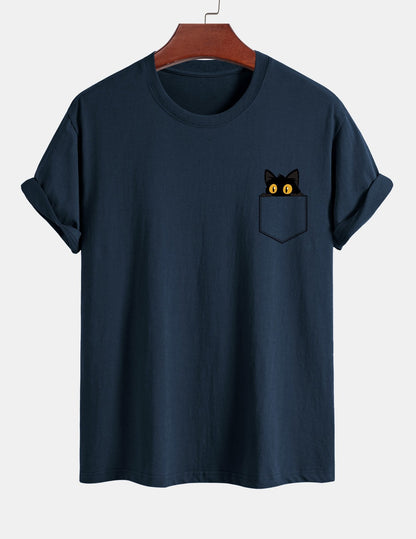Regulär geschnittenes T-Shirt mit schwarzer Katzenmotivtasche