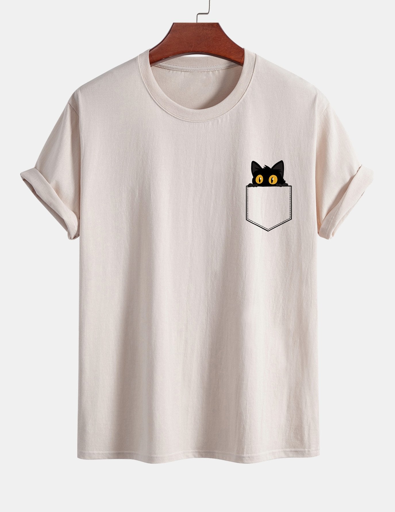 Regulär geschnittenes T-Shirt mit schwarzer Katzenmotivtasche