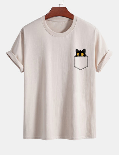 Regulär geschnittenes T-Shirt mit schwarzer Katzenmotivtasche